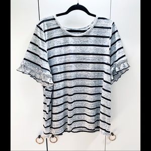 Black and Grey Stripped Ruffle Sleeve Shirt